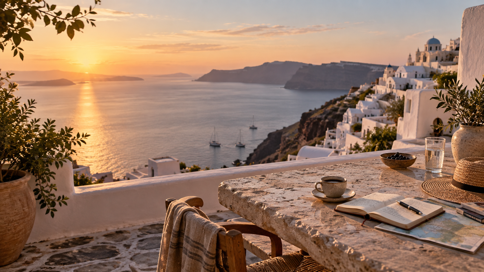 Sunrise over a Mediterranean cliffside terrace with coffee, a travel journal, and sea views.
