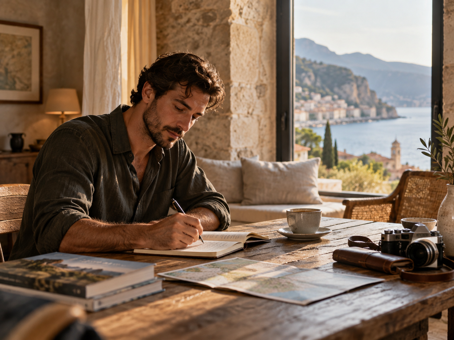 Traveler journaling by a window in a coastal retreat room.