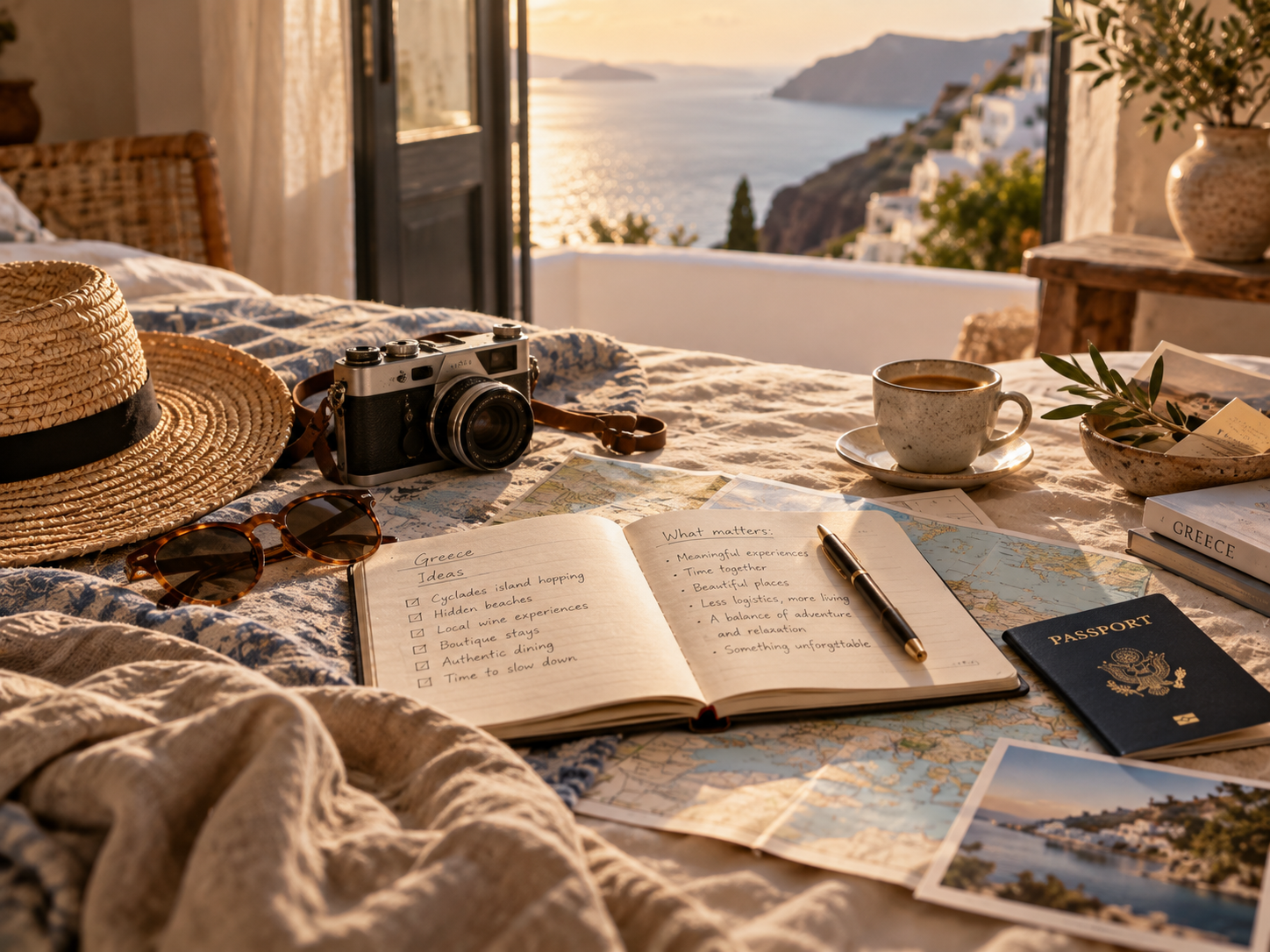 Travel planning scene with a journal, map, camera, and coffee in a sunlit coastal room.