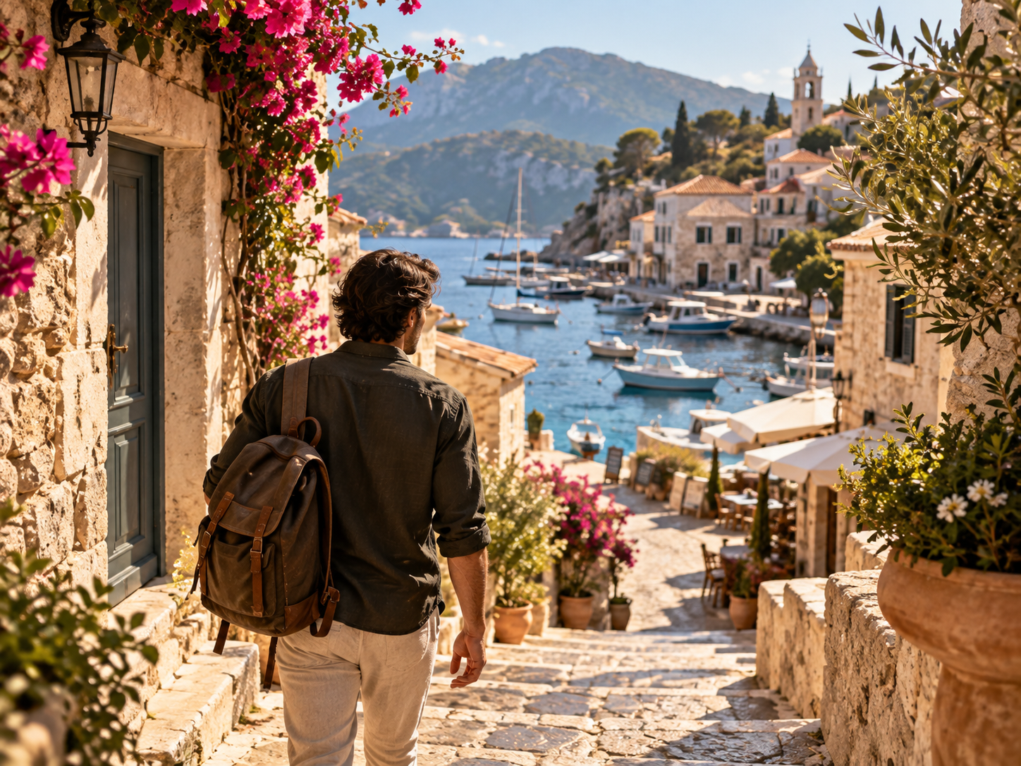 Traveler walking through a sunlit harbor village overlooking the water.