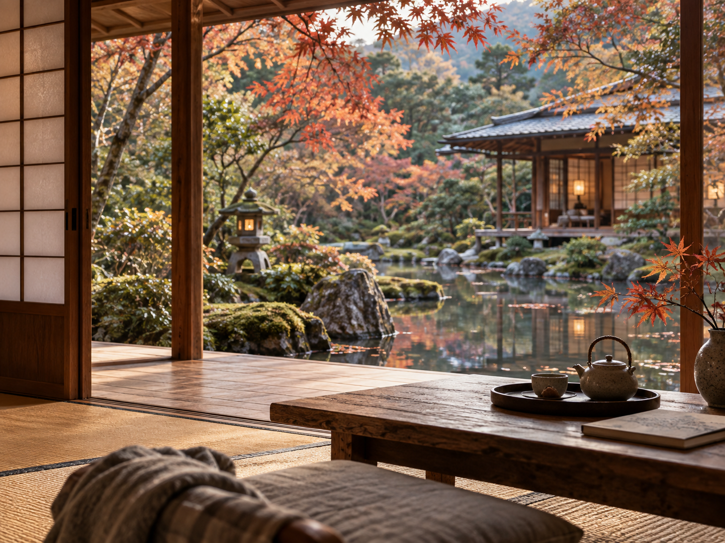 Peaceful Japanese tea house overlooking an autumn garden and pond.