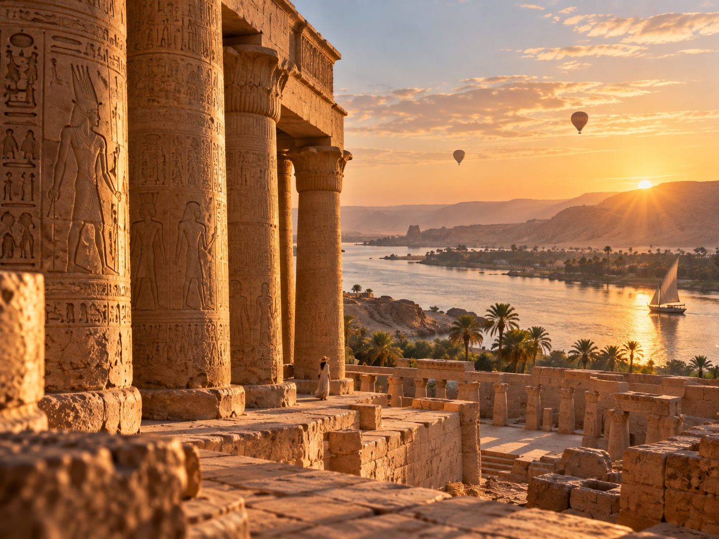 Sunrise view over ancient Egyptian temple ruins and the Nile.